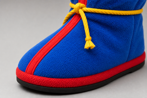 Acercamiento de la textura de peluche, el detalle rojo y el cordon amarillo de la bota, con vista de la suela plana de interior