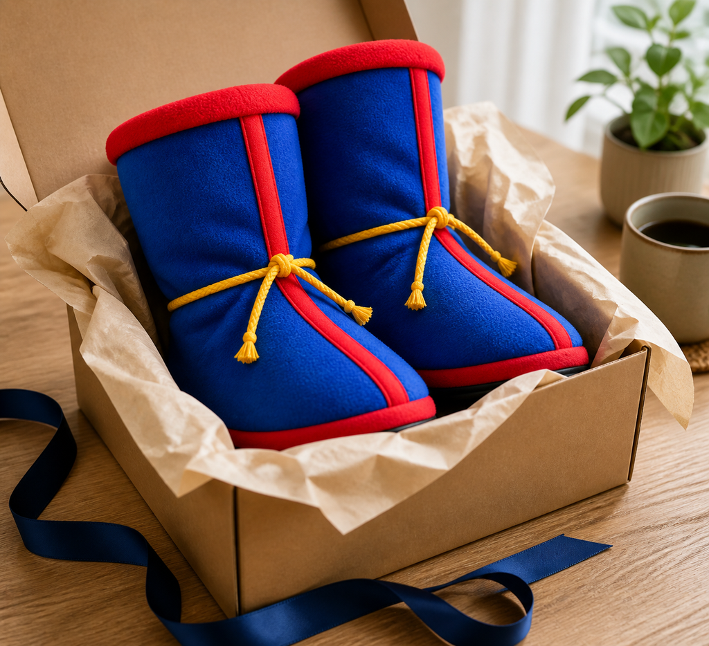 Botas de casa azules acomodadas en una caja de regalo sencilla con papel y liston de color liso