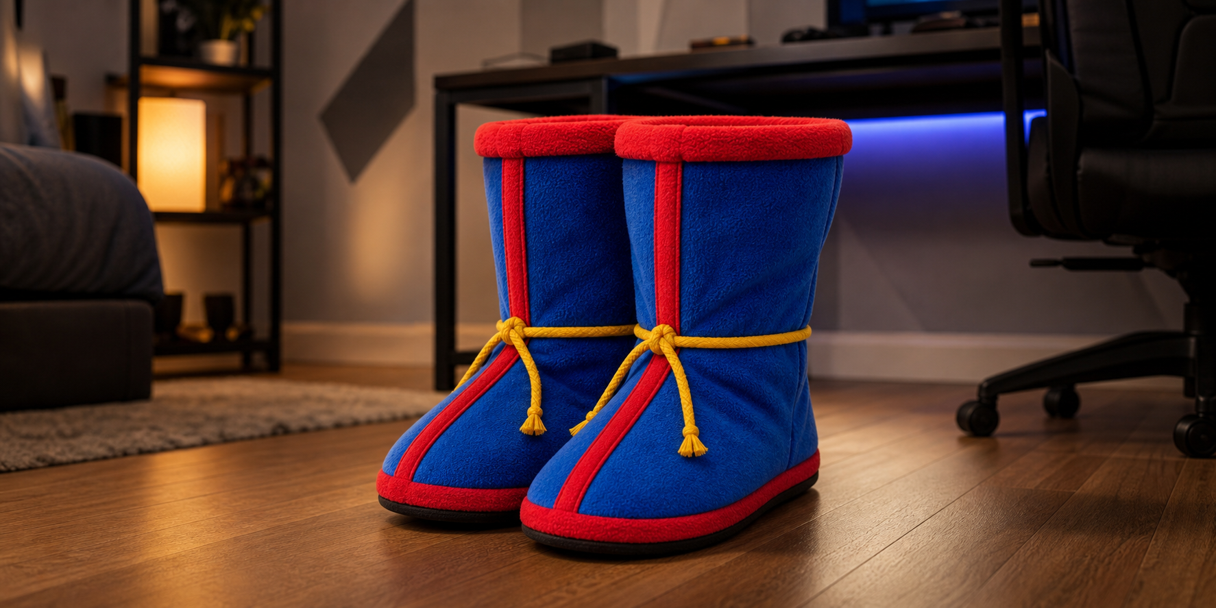 Botas de casa azules con detalle rojo y cordon amarillo en un cuarto gamer