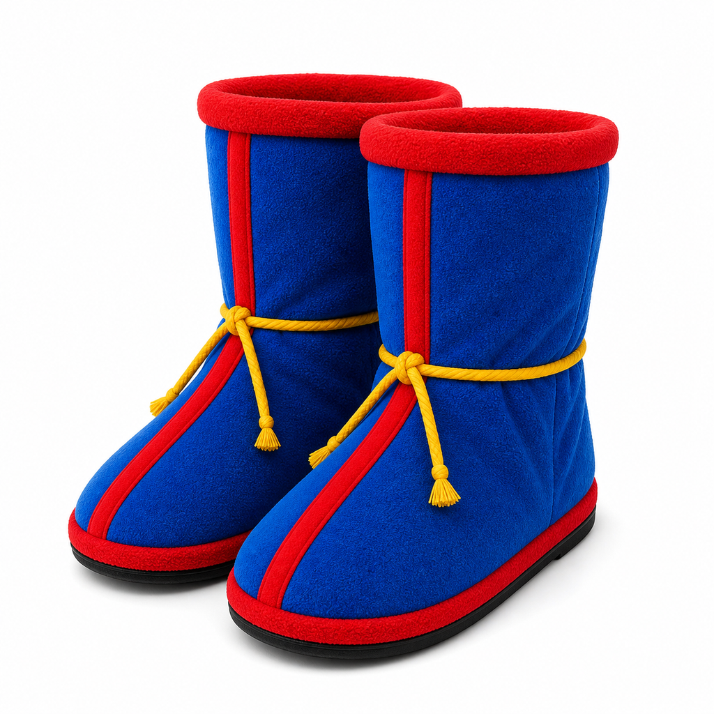 Par de botas de casa azules con detalle rojo y cordon amarillo sobre fondo blanco