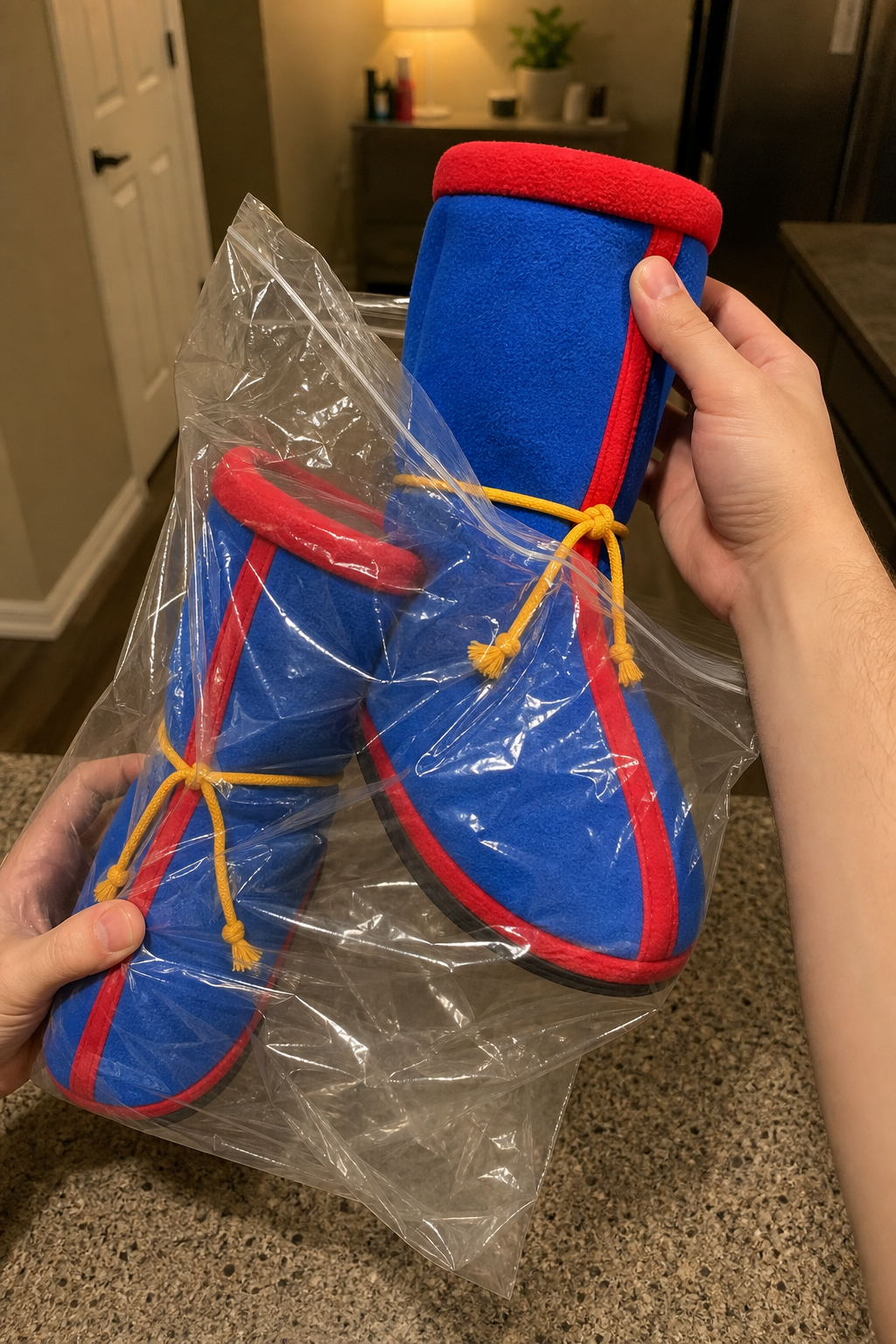 Manos sosteniendo una bolsa transparente con las botas de casa azules recien abiertas