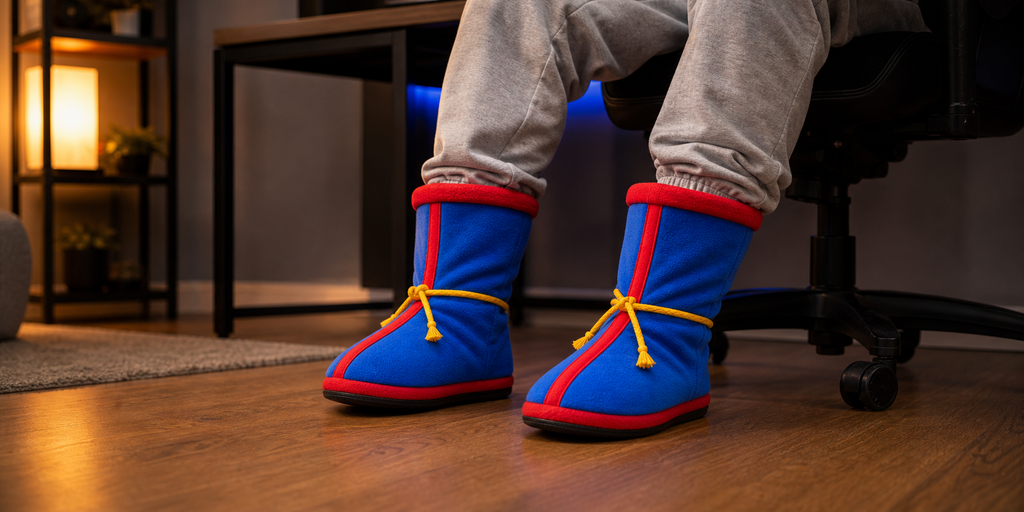 Botas de casa azules con detalle rojo puestas, vista de las piernas hacia abajo en un cuarto de gaming y home office